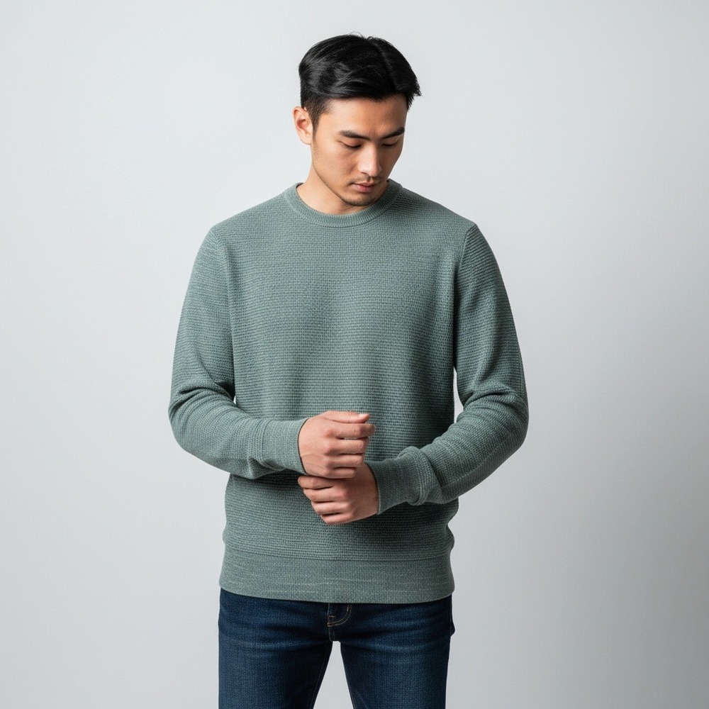 J. Crew Waffle Knit Sweater Size Medium Sage Green Cotton Crewneck Long Sleeve